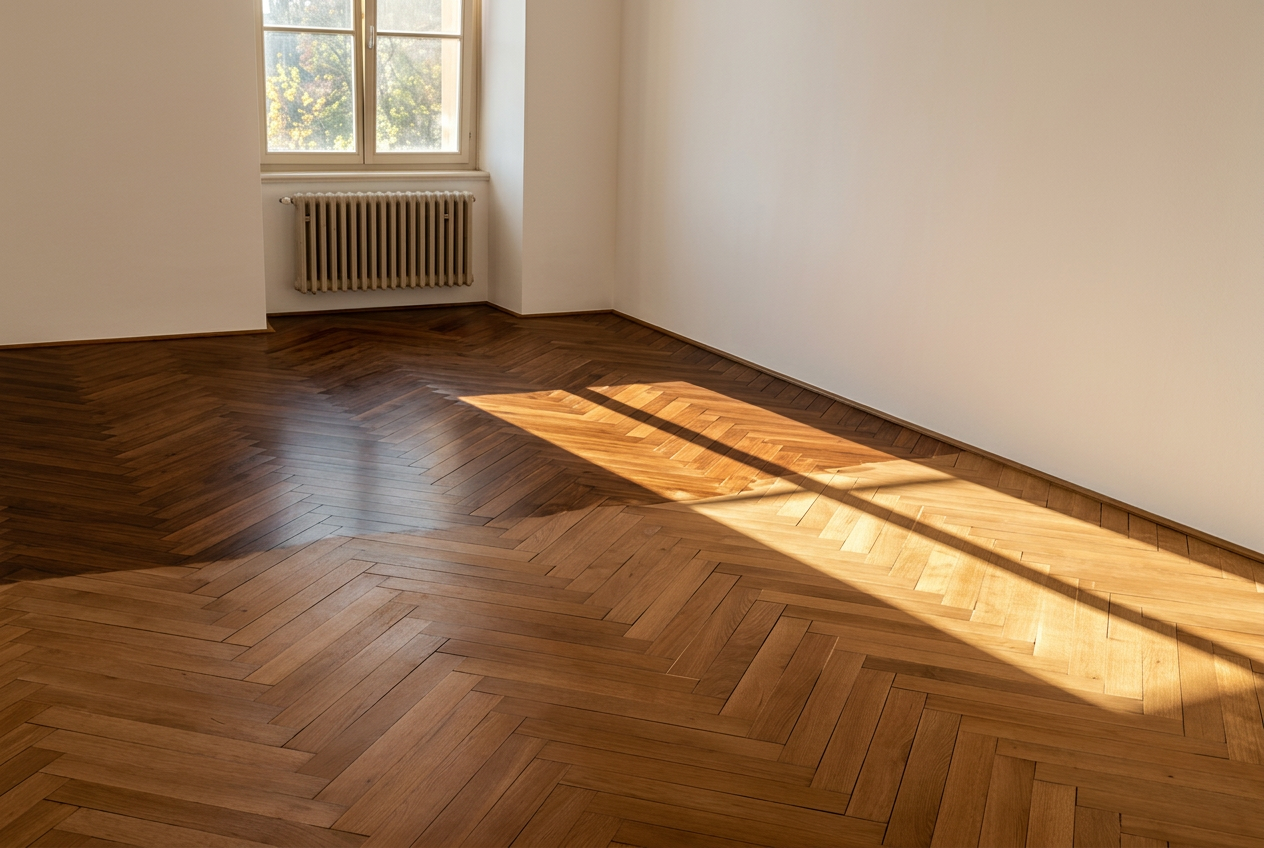 Parketová podlaha kladená ve vzoru rybí kost — řemeslná pokládka
